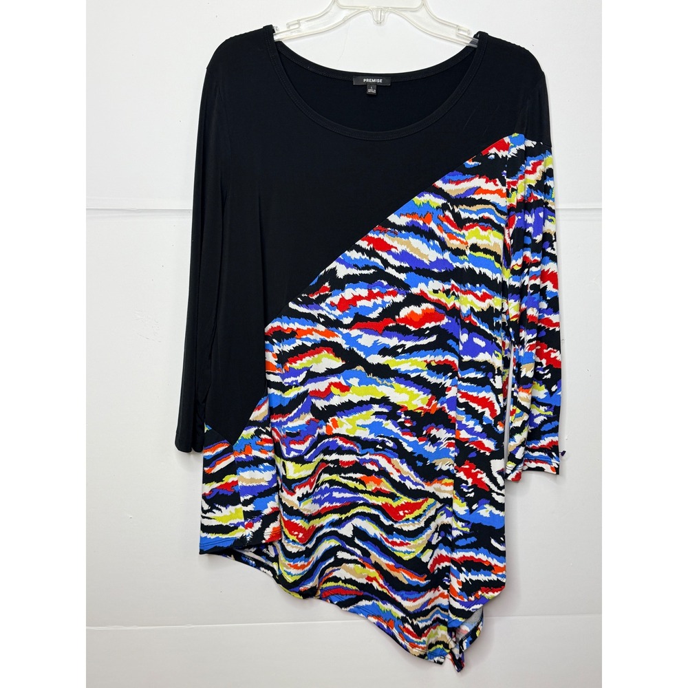 Premise Asymmetric Tunic Women Sz L Black Multi‎ Abstract Top Art to Wear Work